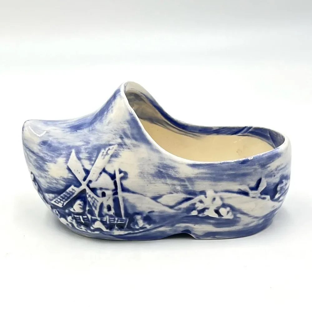 Vintage Holland Pottery Dutch Blue & White Scenic‎ Small Shoe Clog